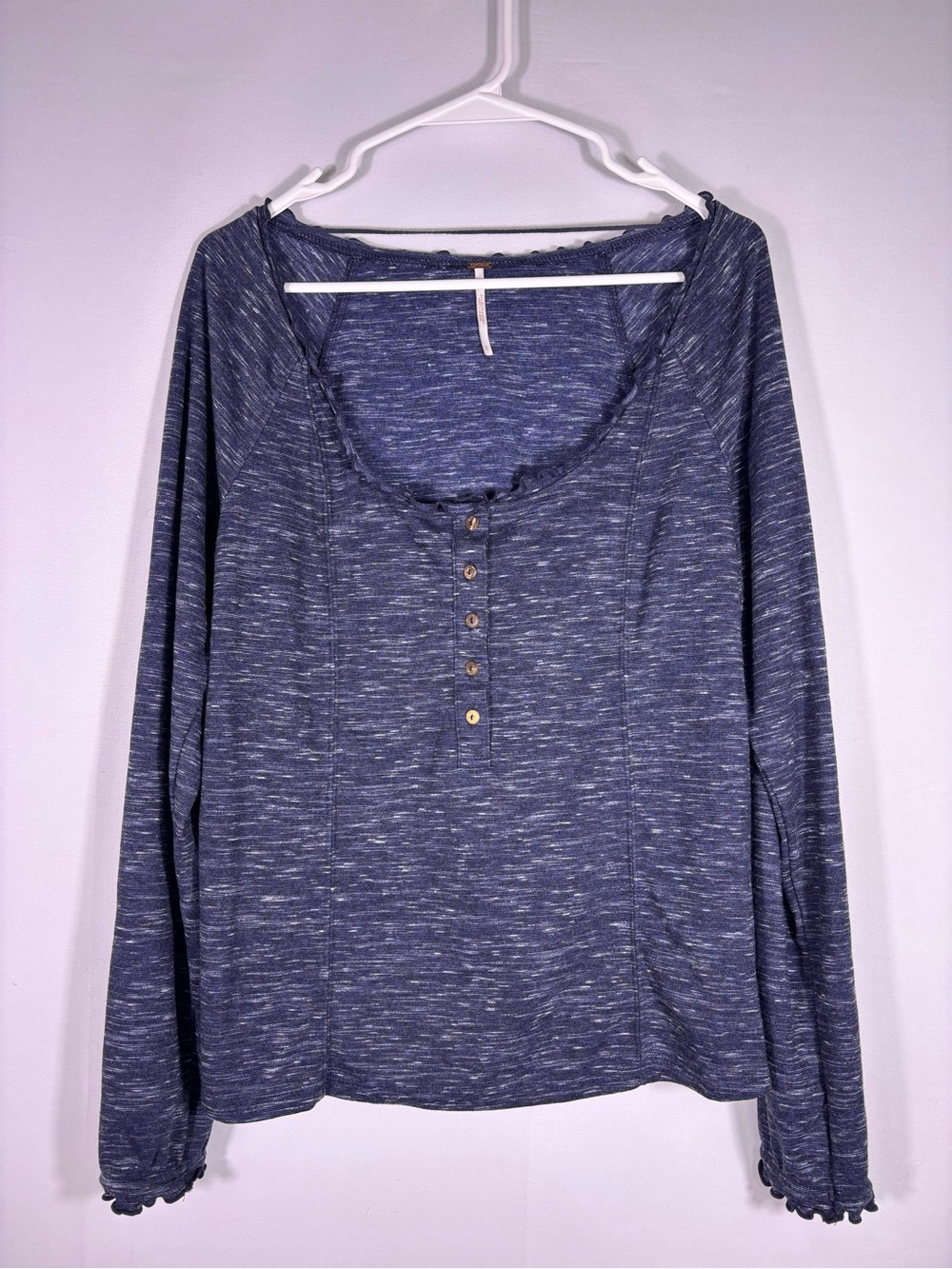 Free People Blue Marled Henley Top Ruffle Long Sleeve Boho Size Large